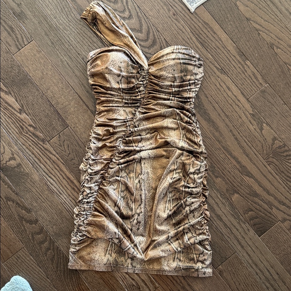 Baby Phat One-Shoulder Ruched Snake-Print Mini Dress in Brown - Picture 2 of 4